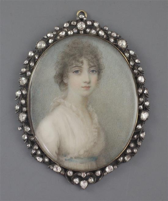 Attributed to George Engleheart (1750-1829) Miniature portrait of a young lady wearing a white dress with a blue sash, 2.75 x 2.25in. g